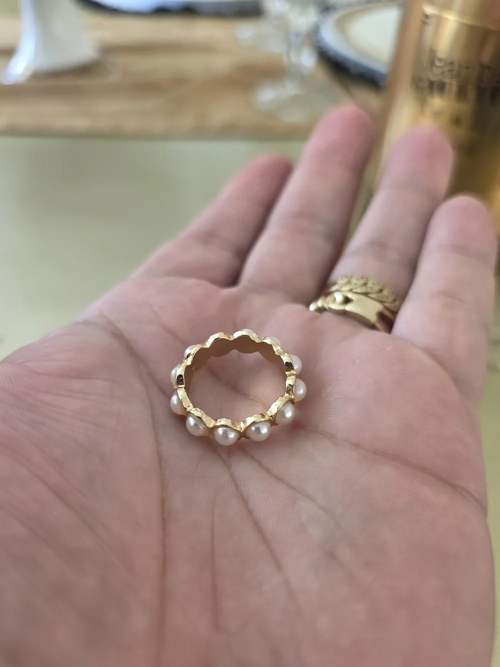 Ring Gold Band with White Pearl Accents
